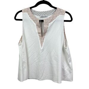 Zara‎ Womens Tank Top V Neck Waffle Floral Print White Peach Pink Size L